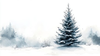 Fototapeta premium Snow-covered Evergreen Tree in a Misty Winter Landscape During a Peaceful Day