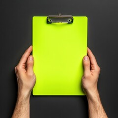 Hands holding a bright green clipboard against a dark background.