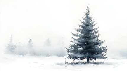 Fototapeta premium A Solitary Evergreen Tree Stands in a Tranquil Snowy Landscape During Winter's Soft Embrace