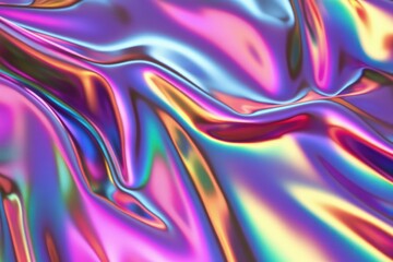 Smooth liquid surface with flowing rainbow chrome texture featuring vibrant colors, metallic reflections, and a futuristic glossy, sleek finish