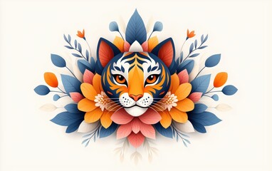 Fototapeta premium Tiger Face with Bold Colors & Lotus Flowers - Exotic Art