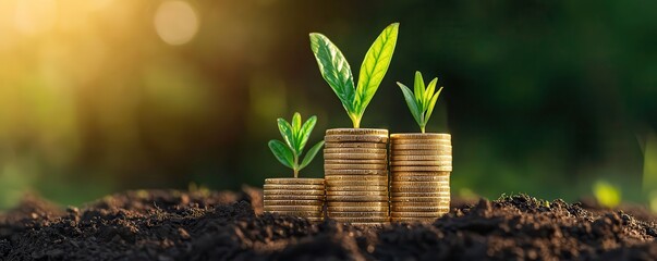 A stack of coins with small green plants growing from them, symbolizing financial growth and sustainability in a natural setting.