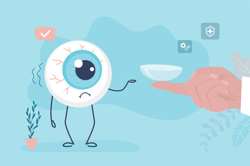 Ophthalmologist hand gives contact lenses to the poorly seeing eye.  Oculist doctor advises to wear lens to the sick eyeball. Help with poor vision. Healthcare and medicine.