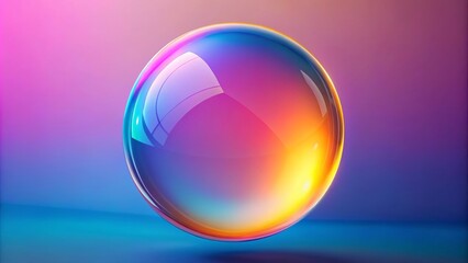This abstract image features a transparent sphere with a smooth surface reflecting colorful gradients