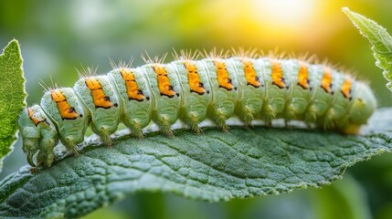 Fototapeta premium A Colorful Caterpillar Resting on a Green Leaf Under a Warm Sunlight Glow in Early Morning
