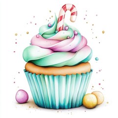 Colorful cupcake with swirled frosting, candy cane, and decorative sprinkles, perfect for holiday celebrations and sweet treats.