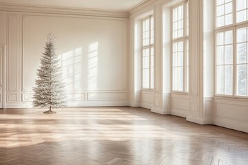 Obraz premium Minimalistic Christmas tree in an empty white room with sunlight streaming through large windows offering a serene peaceful holiday ambiance with a clean modern aesthetic