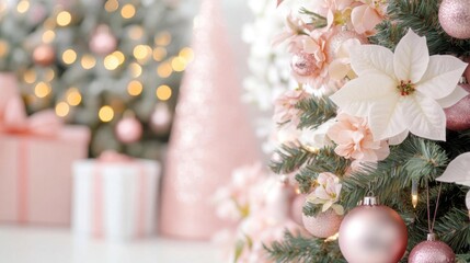 Elegant Christmas tree adorned with pink ornaments and delicate flowers, creating a festive and cozy atmosphere.