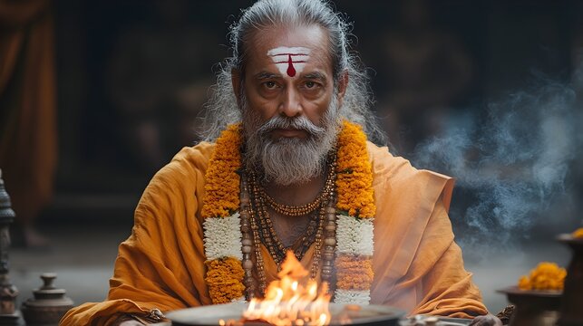 Brahmin Priest Performing Sacred Fire Ritual with Traditional Offerings and Altar