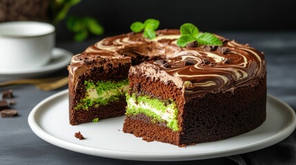 A rich chocolate cake with a vibrant green filling, beautifully swirled icing, and garnished with mint leaves, perfect for dessert lovers.