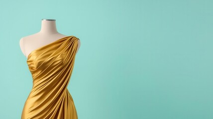A shimmering gold dress draped on a mannequin, ready for a grand event, golden dress, fashion elegance