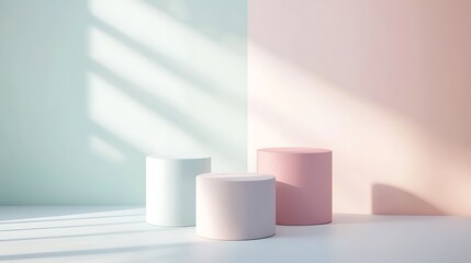 Fototapeta premium Modern Abstract Geometric Stages with Pastel and Neon Lighting for Minimalist Artistic and Futuristic Set Design Featuring Circular Platforms, Soft Shadows, and Vibrant Colors in Contemporary Spaces