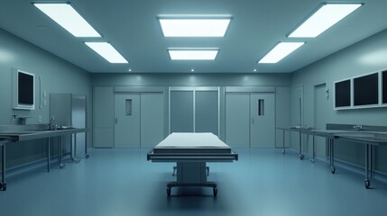 A hospital room with a large open casket on a table. The room is empty and sterile, with no people or furniture. Scene is somber and serious