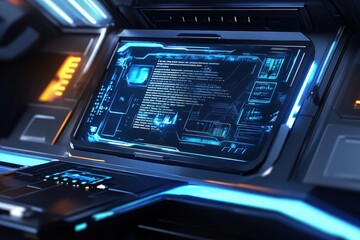 Fototapeta premium Futuristic command prompt on a holographic computer screen, featuring cybernetic innovation with sleek design elements