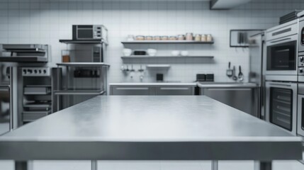 Closeup of a clean, shiny stainless steel countertop in a professional kitchen. The countertop is positioned in the foreground with blurred appliances in the background.
