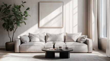 A bright and airy living room with minimalist design featuring a white sofa, coffee table, plant, and empty frame. The room is bathed in natural light.