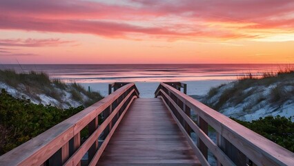 Obraz premium A long boardwalk stretches toward the white sand beach and ocean water at sunset, with a few shrubs on the sides, creating a tranquil, scenic view.