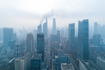 A hazy cityscape featuring towering skyscrapers and smoke rising from buildings, depicting an urban environment cloaked in air pollution.
