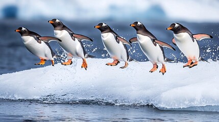 Fototapeta premium A group of five gentoo penguins jump off an iceberg into the icy water, creating splashes.