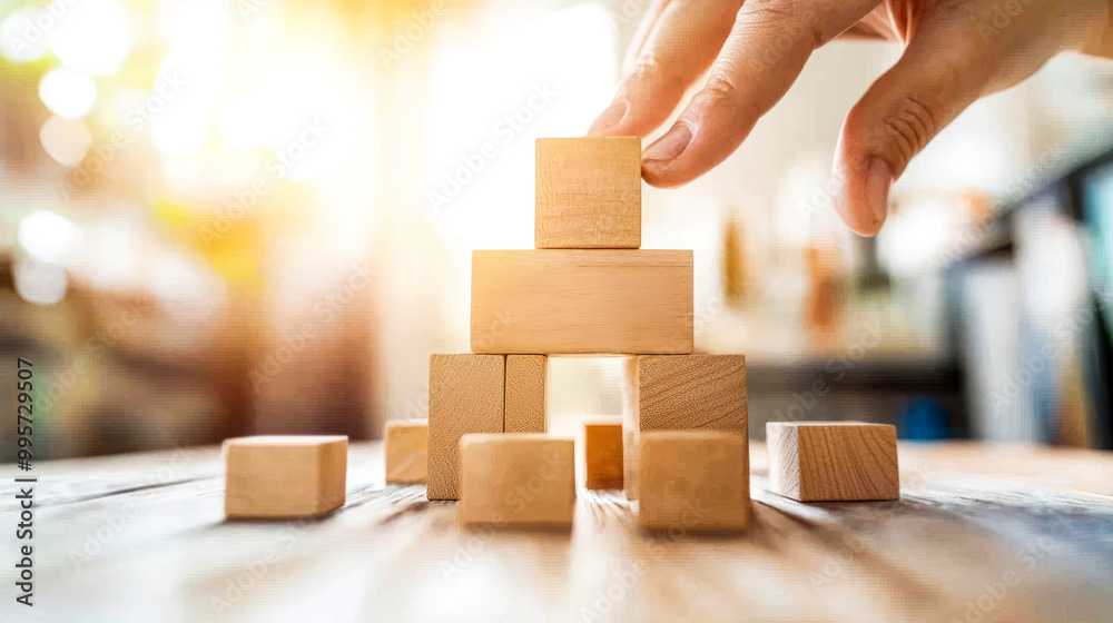 Wall mural building a solid foundation: a hand carefully places a wooden block, adding to a growing structure, 