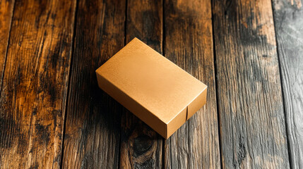 Rustic Cardboard Box on Wood: A simple, elegant product shot of a closed cardboard box resting on a dark brown wooden surface. Perfect for showcasing your product or creating a minimalist design.