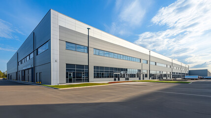 Modern warehouse building exterior with a large empty parking lot on a sunny day