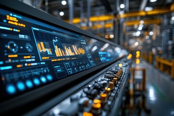 Naklejka premium Digital Command Center on the factory floor shows real-time production data for swift informed decisions.