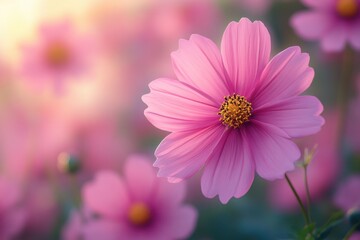 Close up of pink cosmos flower in field. 