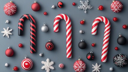 Christmas candy canes in black and red patterns, 3D illustration