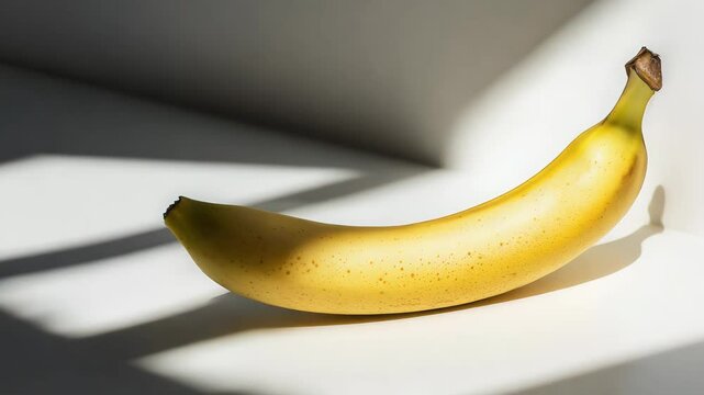 Yellow banana casting a shadow on a white background