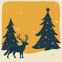 Reindeer and Decorated Christmas Trees