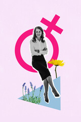 Collage artwork poster symbolizing female womens power message of equal rights and stop sexism stereotype