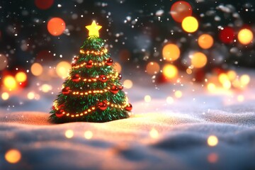 Classic Christmas tree with golden lights and star ornaments in a snowy landscape illuminated with warm lighting and surrounded by blurred bokeh effects creating a festive magical scene