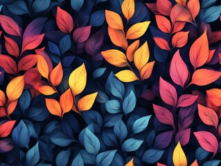 Colorful leaves pattern on a dark background, vibrant and artistic design.
