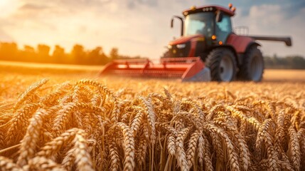 Fototapeta premium selective focus on wheat on a farm with a tractor and combine harvester in the backdrop that is hazy.
