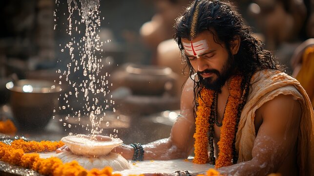 Brahmin Priest Performing Sacred Abhishekam Ritual for Lord Shiva s Shivalinga