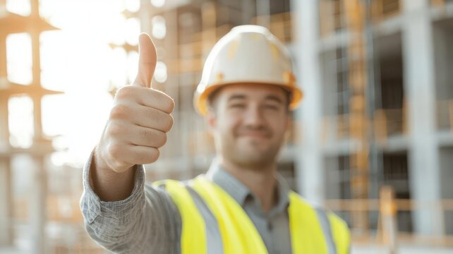 Construction worker giving a thumbsup, enjoying the progress made on a building project   construction pride, job satisfaction