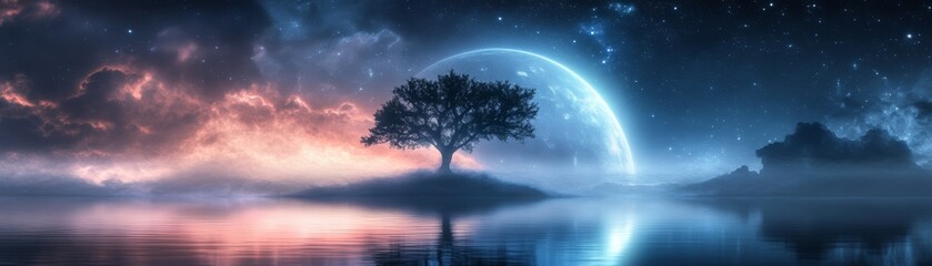 A lone tree stands in a misty landscape under a glowing moon.