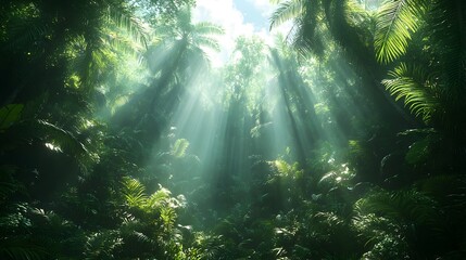 Fototapeta premium Lush Tropical Rainforest Teeming with Diverse Wildlife and Vegetation