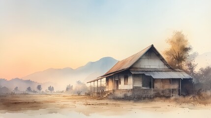 Fototapeta premium A quaint rural house with a porch sits on a dusty path, with mountains in the distance. The sunrise casts a warm glow on the scene.