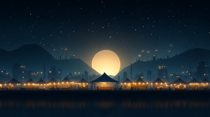 Obraz premium A serene night scene with a full moon rising over a village, casting a warm glow on the water and buildings. vector