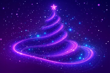 Futuristic neon Christmas tree with swirling pink and blue light trails against a starry sky creating a vibrant and energetic holiday atmosphere with bold modern colors