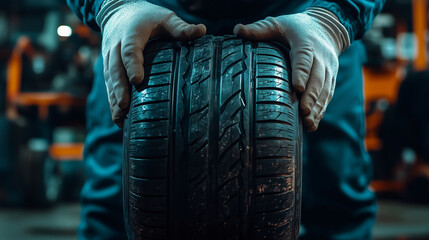 Mechanic holds a new tire in a busy repair shop, focused on ensuring it's ready for installation. The workshop is filled with tools, highlighting efficient service
