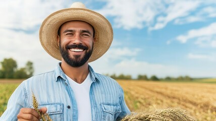 Fototapeta premium Farmer smiling in a field, holding freshly harvested crops, proud of the day s work farming happiness, nature connection