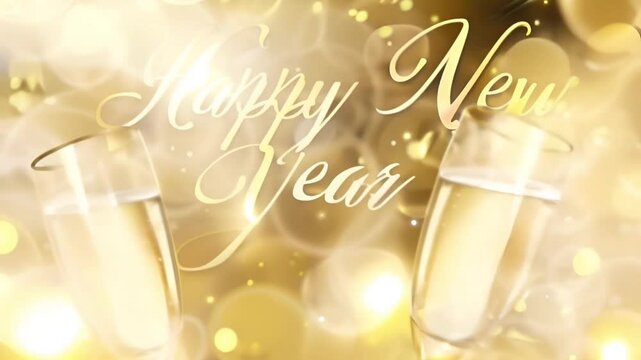 Happy New Year with sparkling champagne glasses and warm glow on golden background. Festive atmosphere with twinkling lights