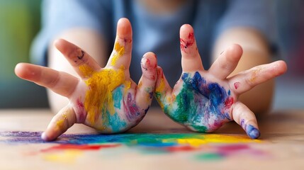 Obraz premium Close-up of colorful paint on child's hands after art project.