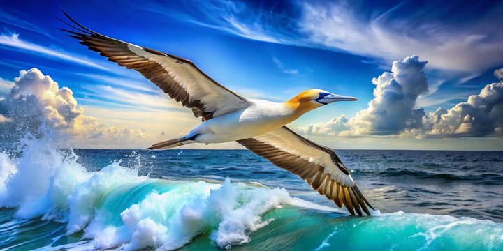 The gannet soars above the ocean waves, embodying grace and majesty against a breathtaking backdrop of clear blue