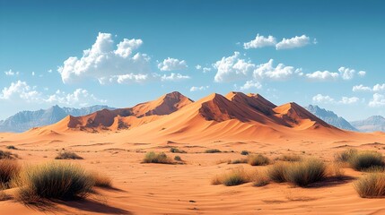 Expansive Desert Landscape with Rolling Sand Dunes and Sparse Vegetation