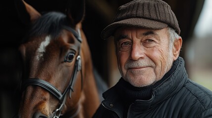 Fototapeta premium An elderly male jockey dressed in black tight-fitting clothing stands next to his horse in an autumn landscape. Both exhibit a calm demeanor, ready for the next race.