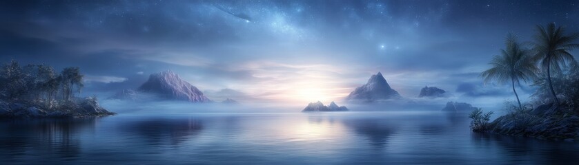 Mystical foggy landscape with mountains and a lake at sunrise.